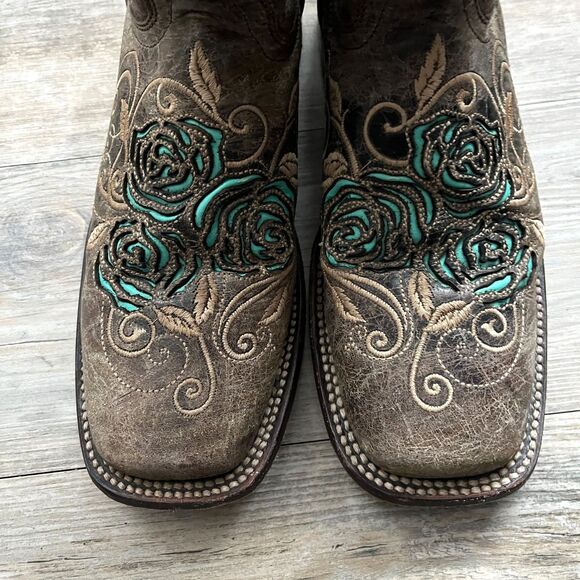 Soto Boots Women's Cowgirl Boot Turquoise Rose Inlayed Western Size 8 Brown Blue - Picture 4 of 11